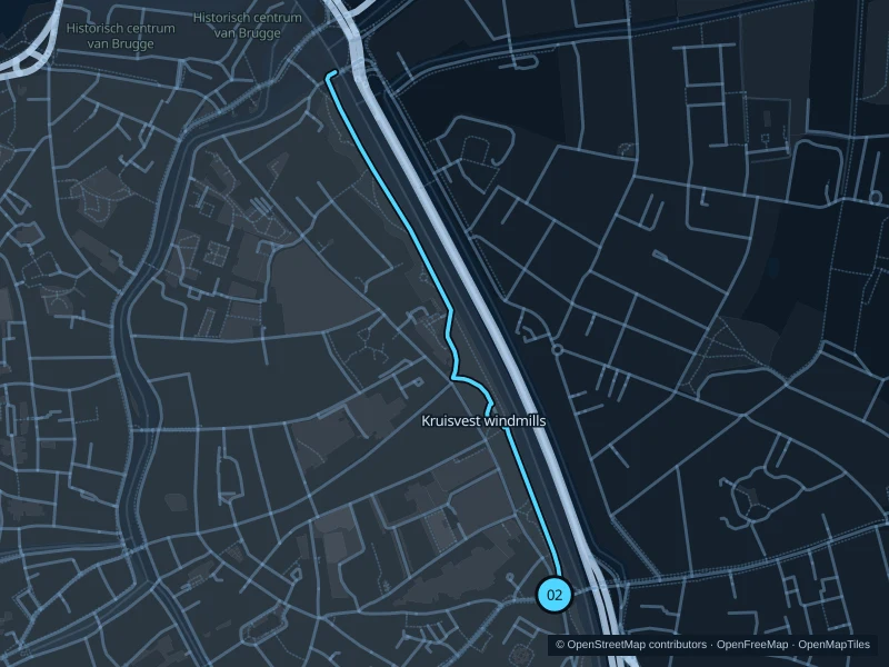 Map of the 2.2 km Kruisvest windmills run, with start and finish marked 02.
