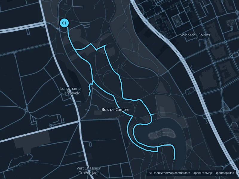 Map of the 4.0 km Bois de la Cambre run, with start and finish marked 01.