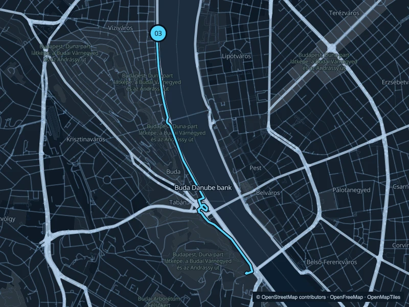 Mapa de la ruta Orilla del Danubio en Buda de 6,3 km, con inicio y final 03.