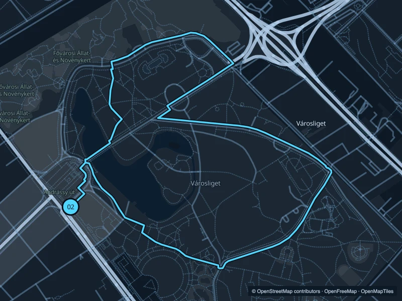 Mapa de la ruta Városliget · Parque de la Ciudad de 3,6 km, con inicio y final 02.