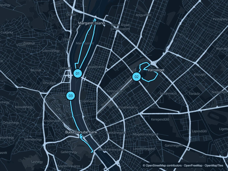 Mapa de Budapest con tres puntos de inicio numerados.