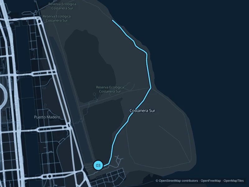 Mapa de la ruta de 5,0 km por la Reserva Ecológica Costanera Sur, con salida y llegada señaladas con 03.