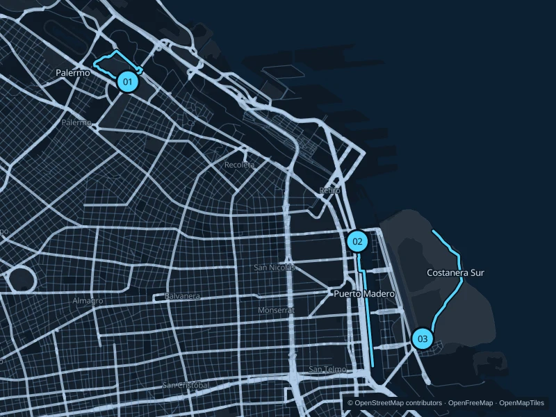 Mapa de Buenos Aires con tres puntos de salida numerados para correr.