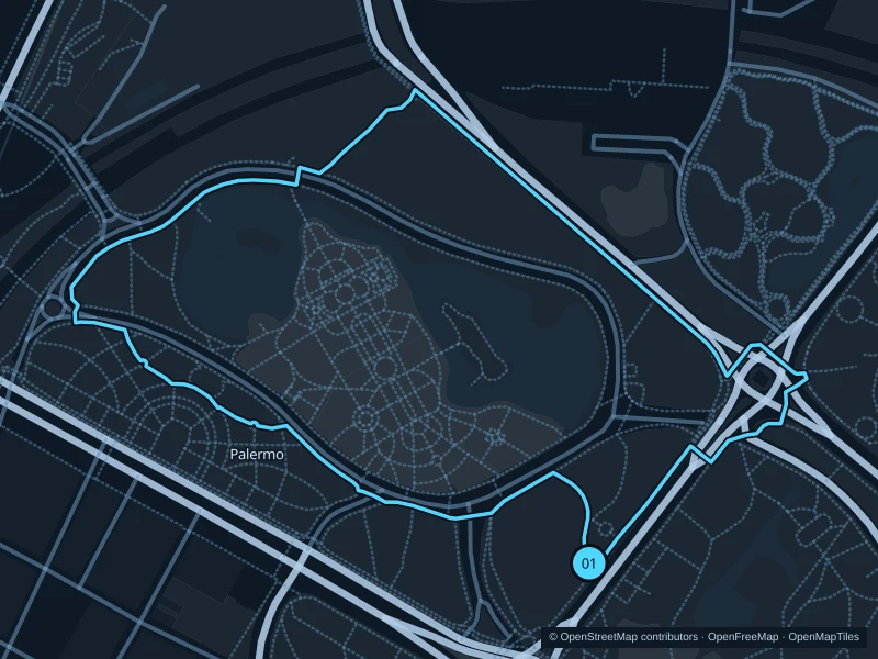 Mapa de la ruta de 2,4 km por Palermo · lagos junto al Rosedal, con salida y llegada señaladas con 01.