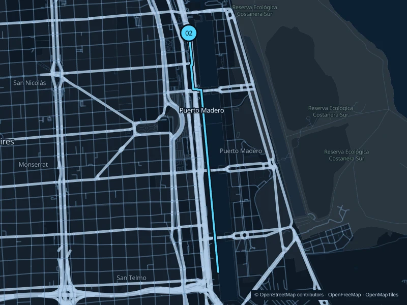 Mapa de la ruta de 4,8 km por Puerto Madero · paseos junto a los diques, con salida y llegada señaladas con 02.