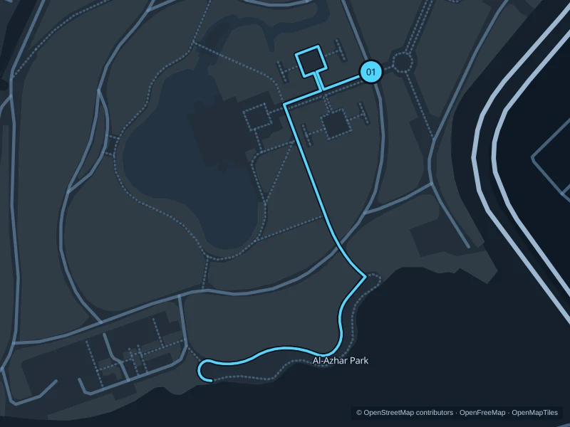 Map of the 0.8 km Al-Azhar Park · southern gardens run, with start and finish marked 01.