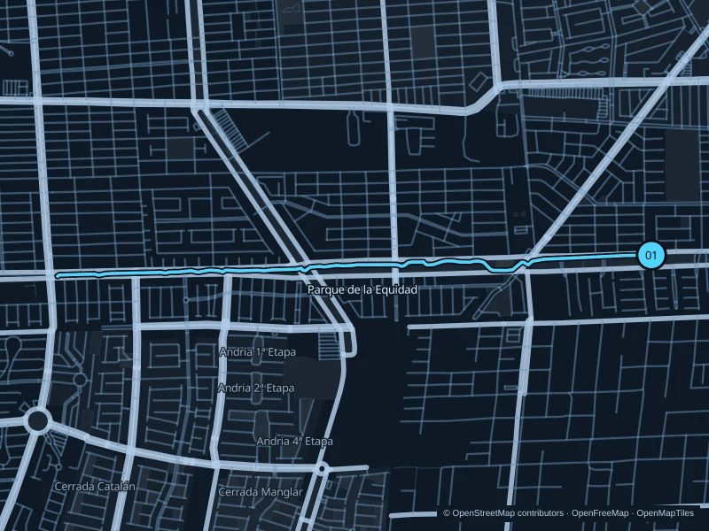 Mapa de la ruta de 5,8 km por Parque de la Equidad, con inicio y final marcados con 01.