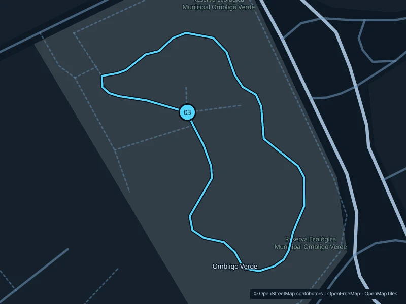Mapa de la ruta de 2,0 km por Ombligo Verde: cinco vueltas al mismo circuito público, con inicio y final marcados con 03.