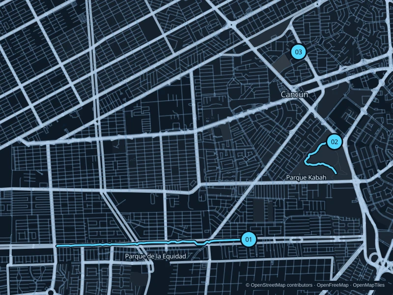 Mapa de Cancún con tres puntos de inicio numerados para correr.