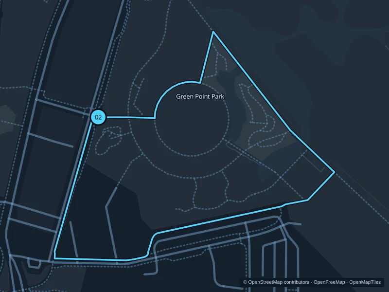 Map of the 1.2 km Green Point Park run, with start and finish marked 02.