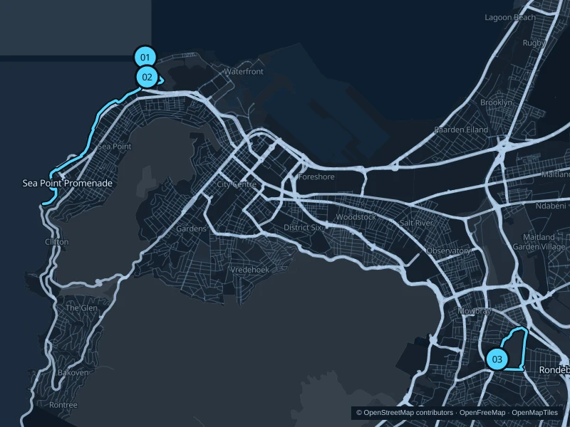 Map of Cape Town with three numbered running-route starts.