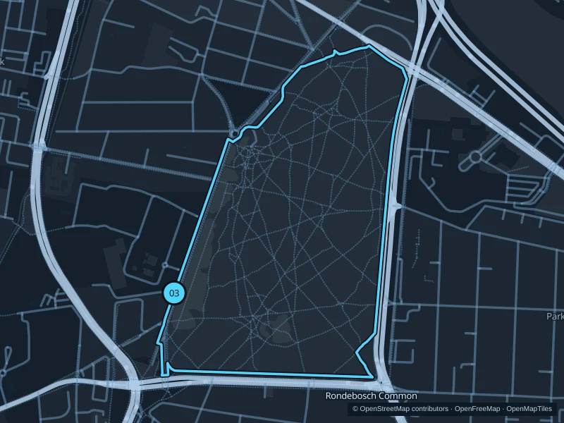 Map of the 2.8 km Rondebosch Common run, with start and finish marked 03.