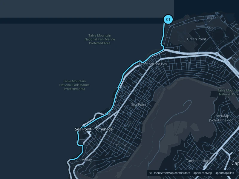 Map of the 9.0 km Sea Point Promenade · Mouille Point run, with start and finish marked 01.