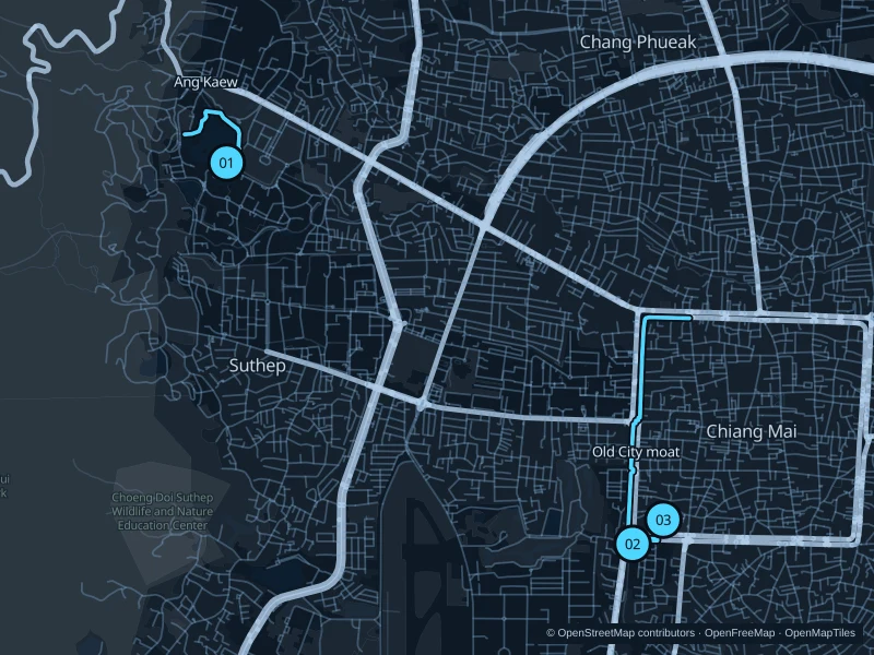 Map of Chiang Mai with three numbered running-route starts.