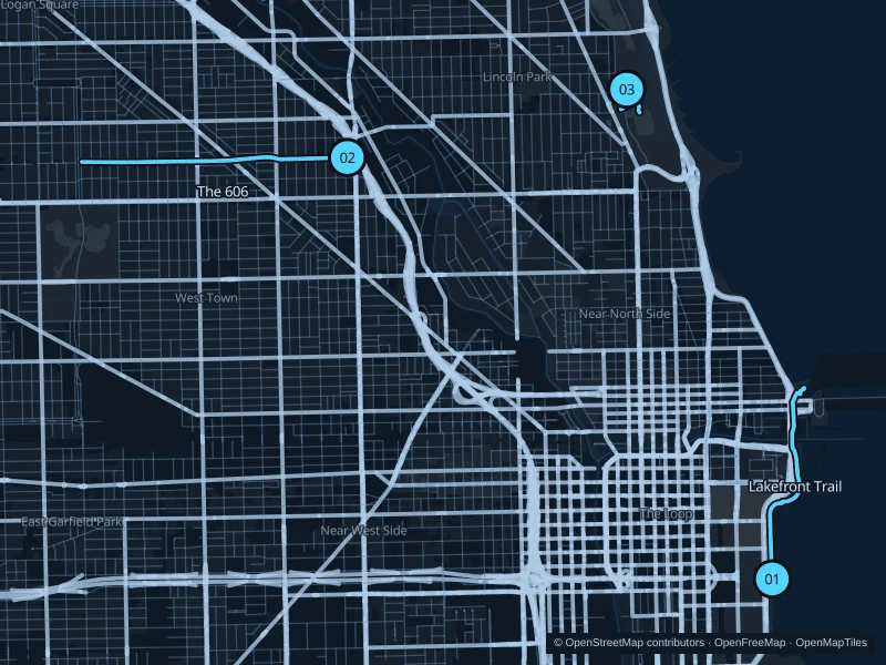 Karte von Chicago mit drei nummerierten Startpunkten zum Laufen.