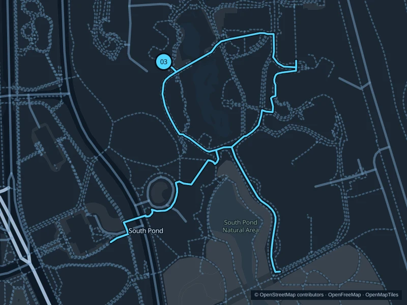 Karte der 1,3 km langen Laufroute Lincoln Park South Pond, Start und Ziel sind mit 03 markiert.