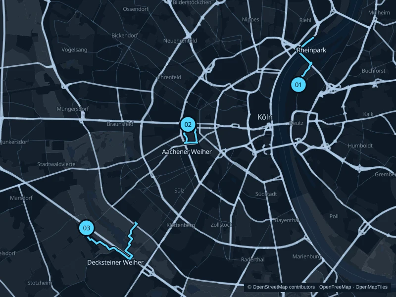 Map of Cologne with three numbered running-route starts.