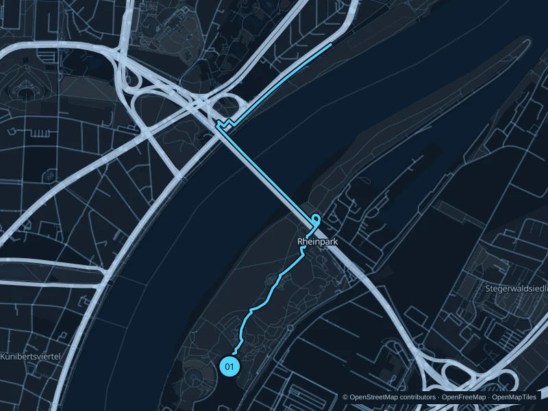 Map of the 4.4 km Rheinpark run, with start and finish marked 01.