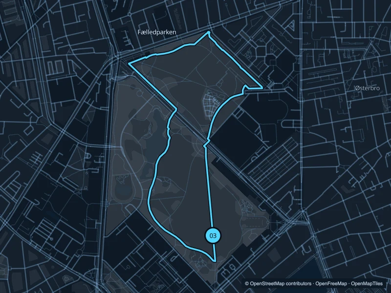 Mapa de la ruta Fælledparken de 3,2 km, con inicio y final 03.