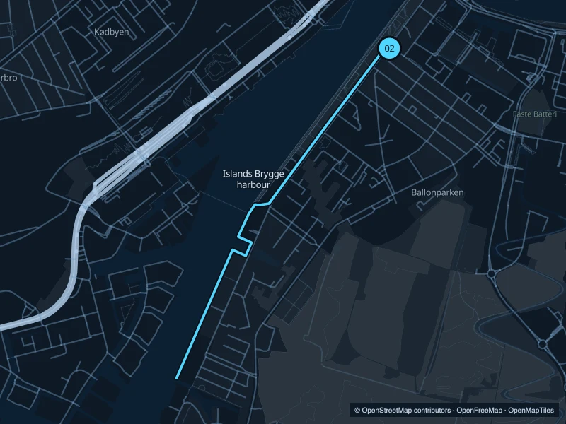 Mapa de la ruta Puerto de Islands Brygge de 3,5 km, con inicio y final 02.