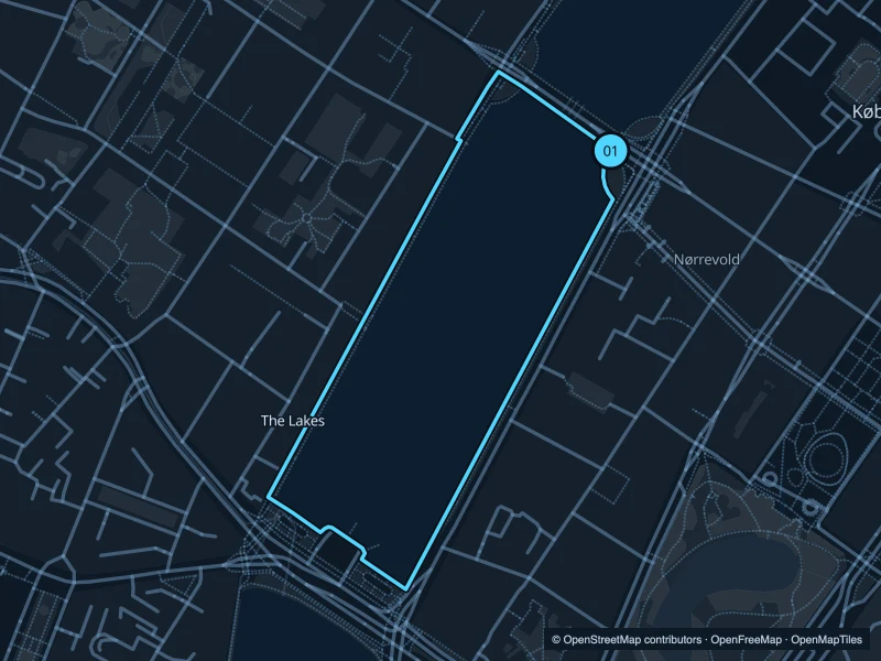 Mapa de la ruta Los Lagos · Peblinge Sø de 1,6 km, con inicio y final 01.