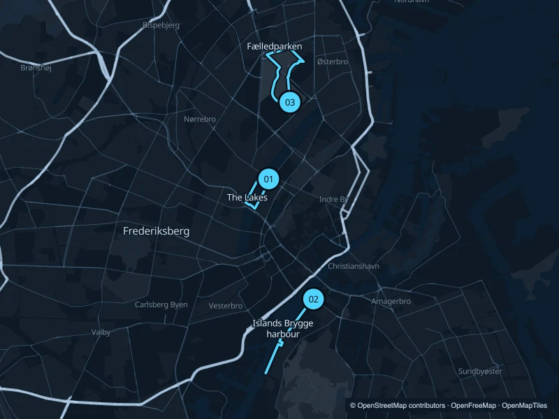 Mapa de Copenhague con tres puntos de inicio numerados.
