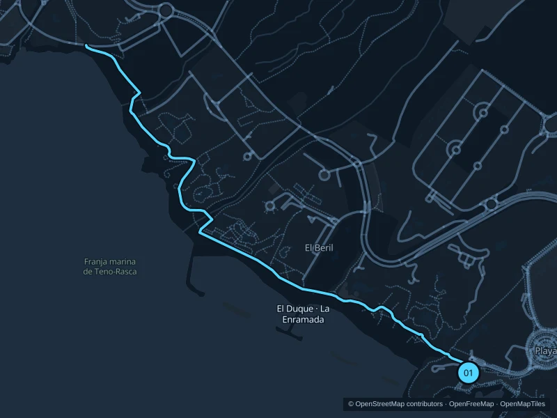 Mapa de la ruta El Duque · La Enramada, de 3,6 km, con salida y llegada en el punto 01.