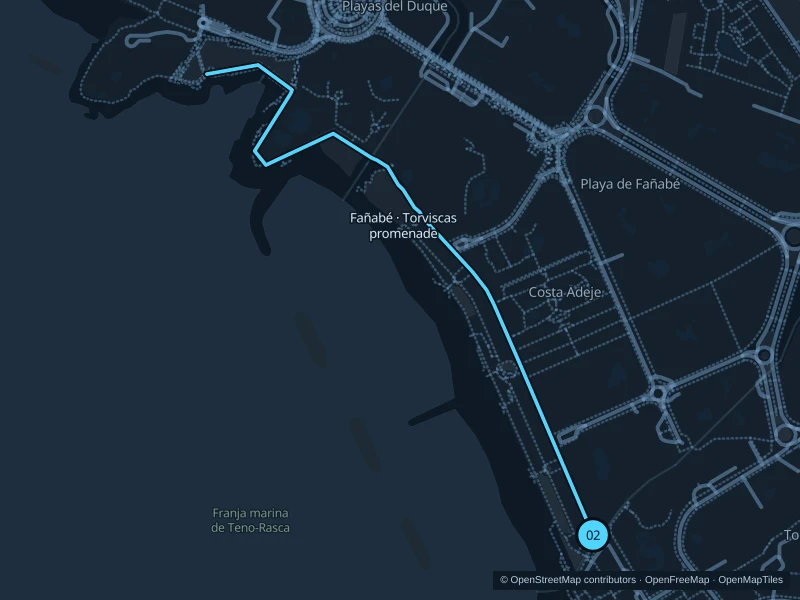 Mapa de la ruta Fañabé · Paseo de Torviscas, de 2,3 km, con salida y llegada en el punto 02.