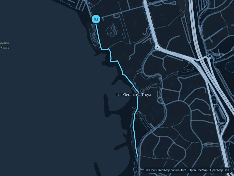 Mapa de la ruta Los Geranios · Troya, de 1,7 km, con salida y llegada en el punto 03.