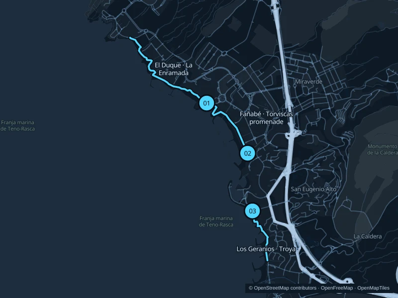 Mapa de Costa Adeje con tres puntos de inicio de rutas para correr numerados.