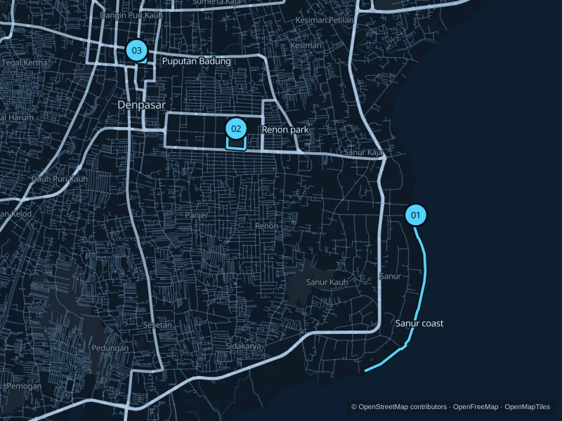 Mapa de Denpasar con tres puntos de salida numerados para correr.