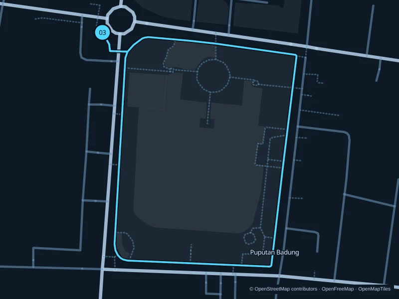 Mapa de la ruta Puputan Badung · circuito por la plaza (1,6 km), con salida y llegada señaladas con 03.
