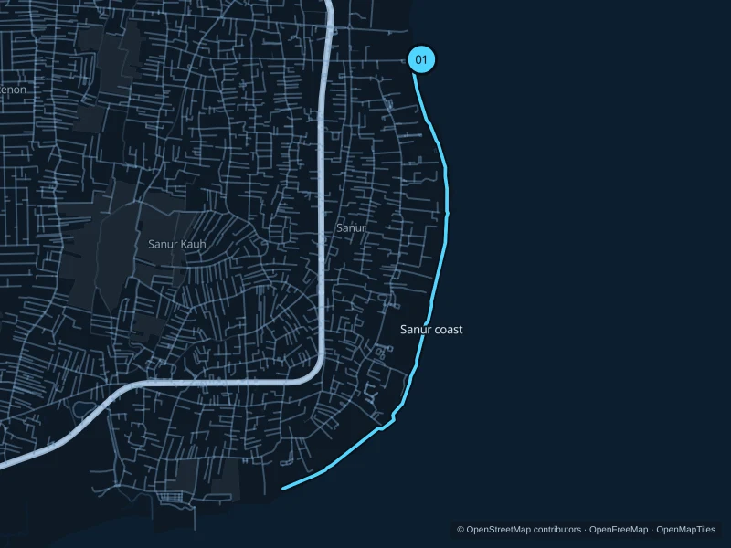 Mapa de la ruta Sanur · camino costero público (7,2 km), con salida y llegada señaladas con 01.
