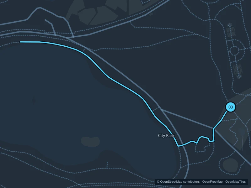 Map of the 1.3 km City Park museum to Ferril Lake run, with start and finish marked 03.