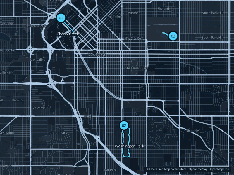 Map of Denver with three numbered running-route starts.