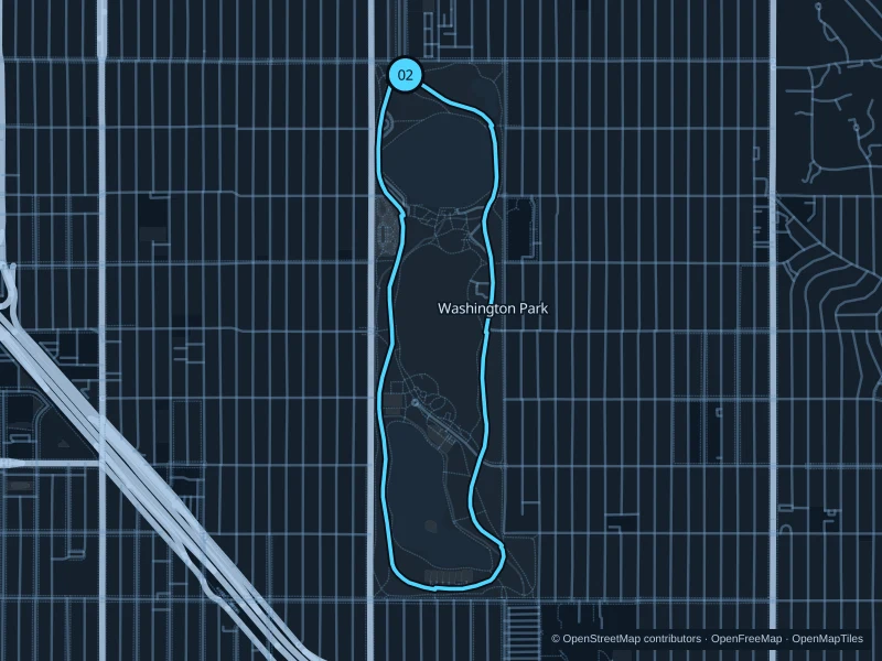 Map of the 3.7 km Washington Park circuit run, with start and finish marked 02.