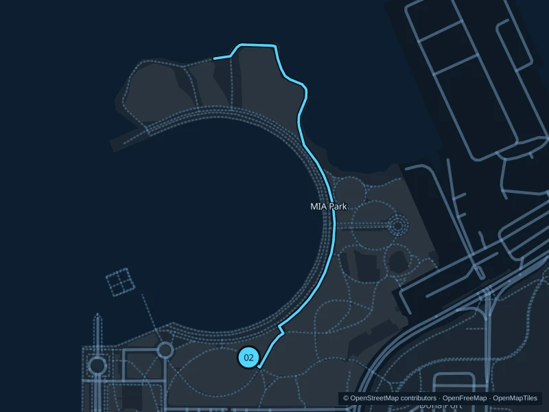 Mapa de la ruta de 1,7 km por MIA Park · paseo marítimo, con salida y llegada señaladas con 02.
