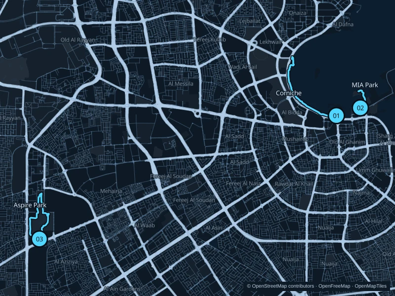 Mapa de Doha con tres puntos de salida numerados para correr.