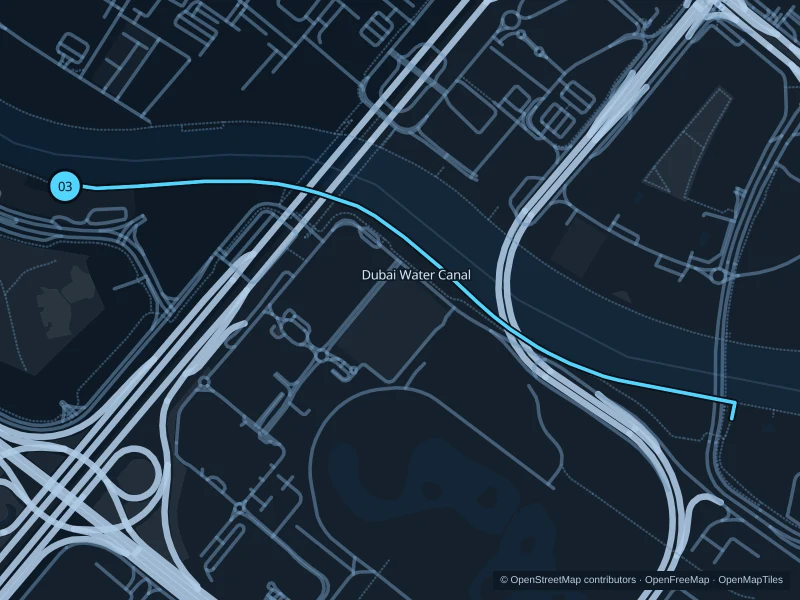 Map of the 2.8 km Dubai Water Canal run, with start and finish marked 03.