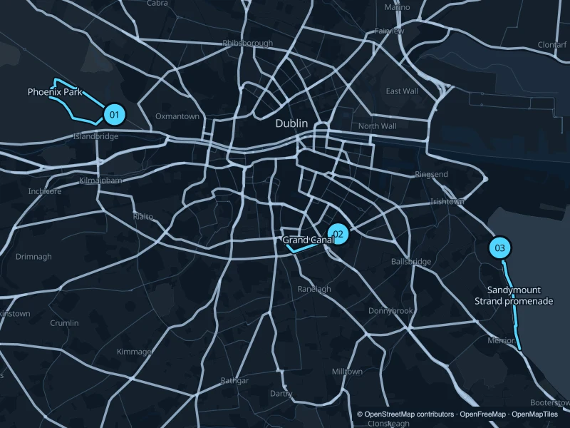 Mapa de Dublín con tres puntos de inicio numerados.