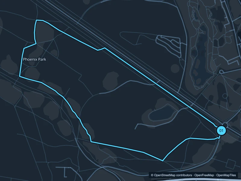 Mapa de la ruta Phoenix Park de 2,8 km, con inicio y final 01.