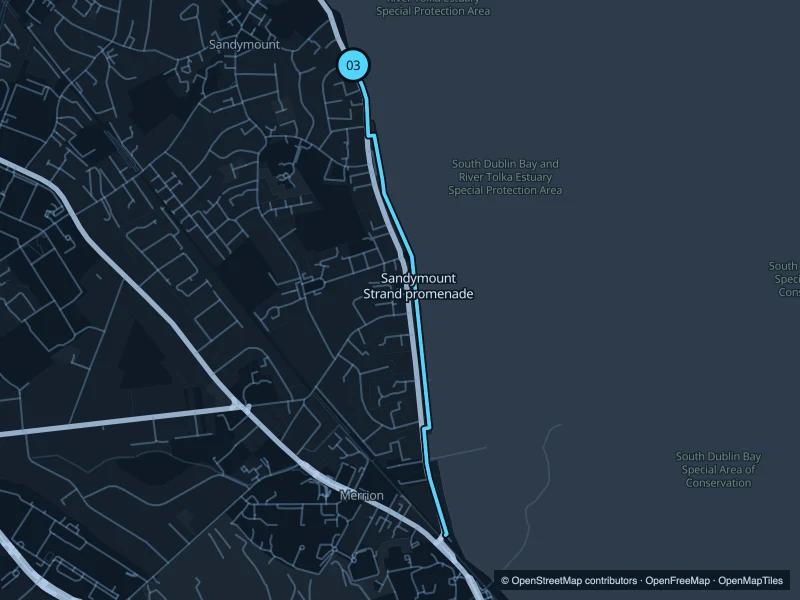Mapa de la ruta Paseo de Sandymount de 3,5 km, con inicio y final 03.