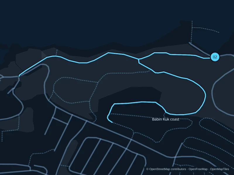 Mapa de la ruta Costa y parque de Babin Kuk · dos vueltas de 3,7 km, con inicio y llegada marcados como 02.