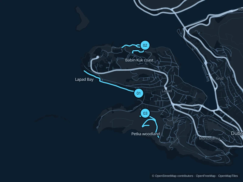 Mapa de Dubrovnik con tres puntos de inicio numerados.