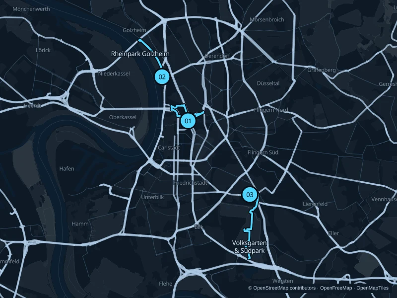 Karte von Düsseldorf mit drei nummerierten Startpunkten für Laufrouten.