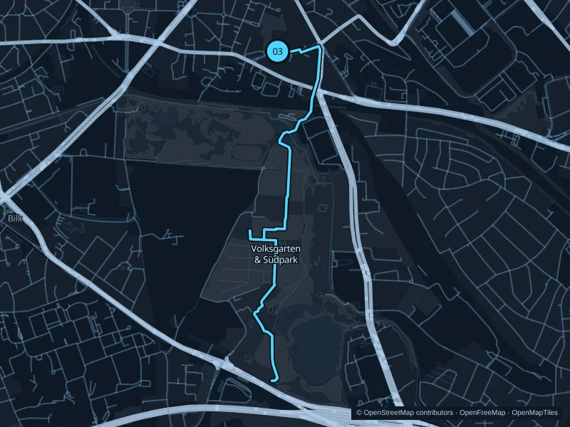 Karte der 5,3 km langen Strecke Volksgarten & Südpark, Start und Ziel sind mit 03 markiert.