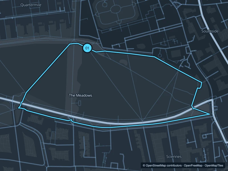 Map of the 1.8 km The Meadows run, with start and finish marked 01.