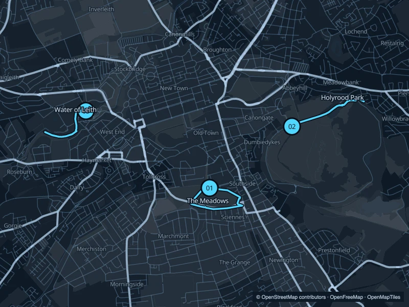 Map of Edinburgh with three numbered running-route starts.