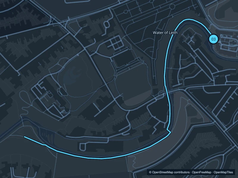 Map of the 2.0 km Water of Leith · Dean Village run, with start and finish marked 03.