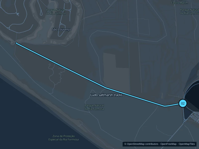 Map of the 5.2 km Ludo saltmarsh tracks run, with start and finish marked 02.